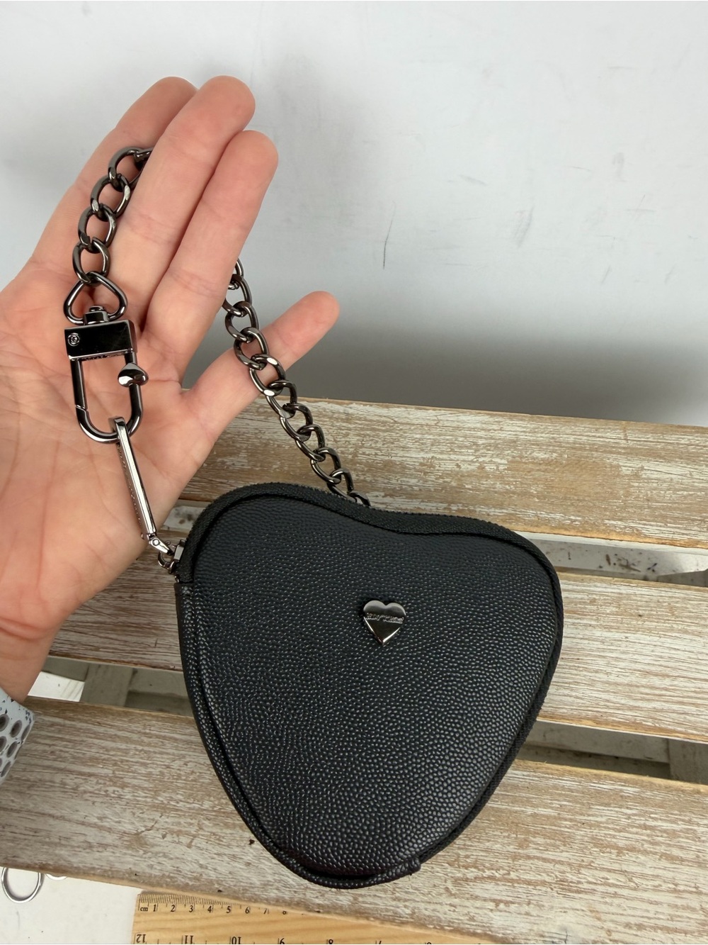 Betsey Johnson black textured pebbled heart pouch wristlet chain & carabiner